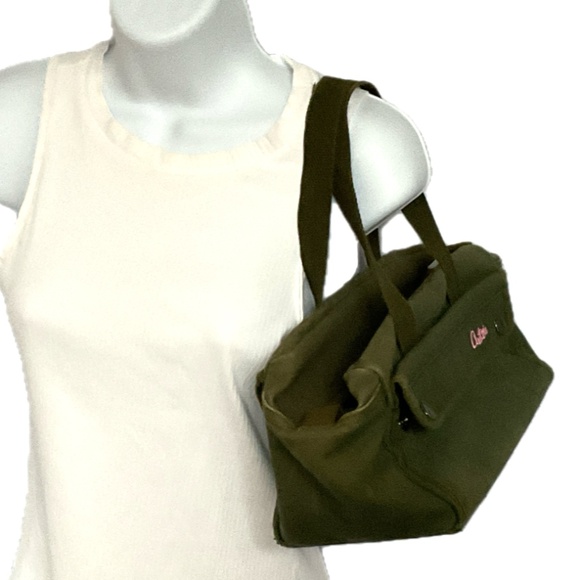 Aritzia Duffle Tote Bag Small Army Green Cotton Canvas Front & Back Pockets - Picture 1 of 8